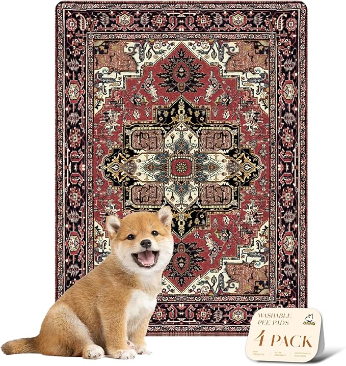 nunubaby 4PACK Washable Pee Pads for Dogs, Stylish, Non-Slip and Leak-Proof Pee Pads. Reusable Potty Pads for Dogs for Crates and Floors.(Red/Rect, 18" x24" )