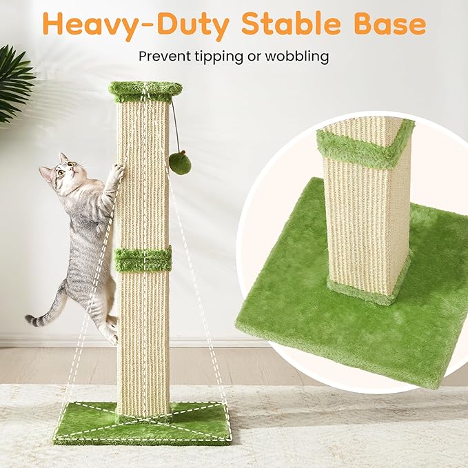 Indoor Cat Scratching Post: 32 In Tall Cat Scratcher with Natural Sisal Rope, Kitty Pet Tower with Sturdy Wood Base and Hanging Ball Toy, Great Gift for Small and Large kittens, LIght Green