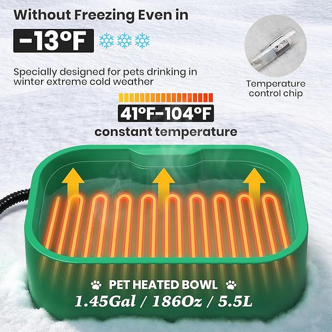 1.45 Gal/5.5L Heated Water Bowl, Extra Large Heated Dog Bowls for Outside, Safety Listed Heated Pet Bowl with Anti-Chew Cord for Dog & Cat Drinking Water in Winter, BPA-Free, Anti-Slip Base(Green)