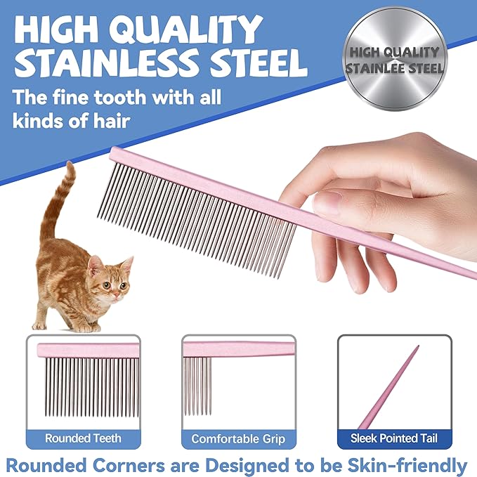 Grooming Pet Comb Rat Tail Dematting Cat and Dog Comb，Rounded Ends Design for Safe Tangle Removal, Hairstyling, Massage，Loose Hair Removal，Prevent Irritation，Fluffing Paws,Face,Tail,Remove Tear Stain