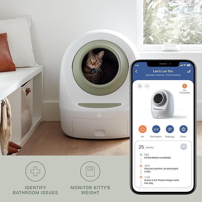 Casa Leo Leo’s Loo Too Self-Cleaning Cat Litter Box, Wi-Fi App Control, <30 dB Whisper-Soft, Anti-Pinch Sensors, UV Odor Defense, Health Monitoring, Large 24 × 22 × 27.6 in