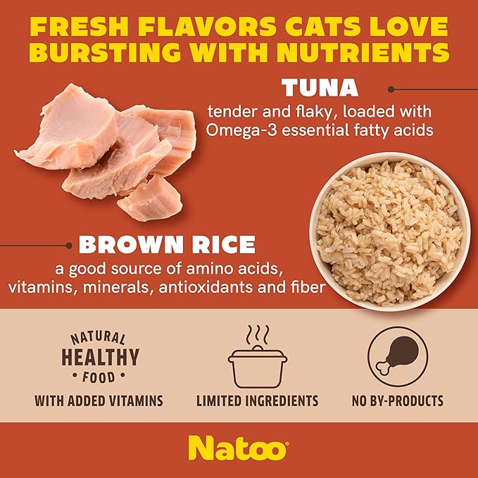 NATOO Cat Food Topper for Picky Eaters, Healthy Soft Kitty Treat (Tuna & Brown Rice in Broth), Wet Cat Meal with Gravy, High Protein, Limited Ingredient Adult & Kitten Food, 2.4 oz (Case of 20)