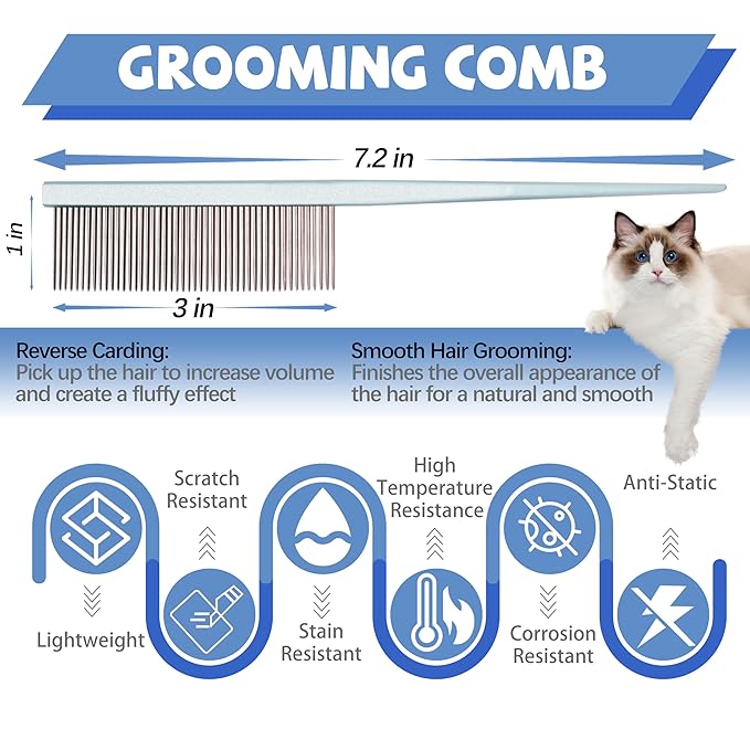 Grooming Pet Comb Rat Tail Dematting Cat and Dog Comb，Rounded Ends Design for Safe Tangle Removal, Hairstyling, Massage，Loose Hair Removal，Prevent Irritation，Fluffing Paws,Face,Tail,Remove Tear Stain