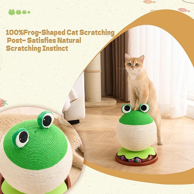 3-in-1 Modern Cat Ball Scratcher & Cat Toys for Indoor Cats/Kittens, Cute Orange/Frog/Bee Design with Bell Ball Track, Natural Sisal Cat Scratching Post, Space-Saving Interactive Cat Scratcher