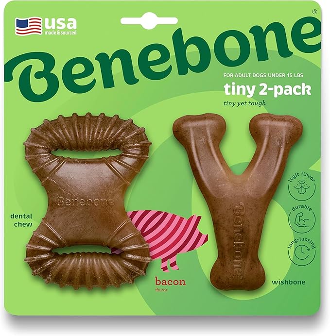 Benebone Tiny 2-Pack Dog Chew Toys, Made in USA, Real Bacon Flavor