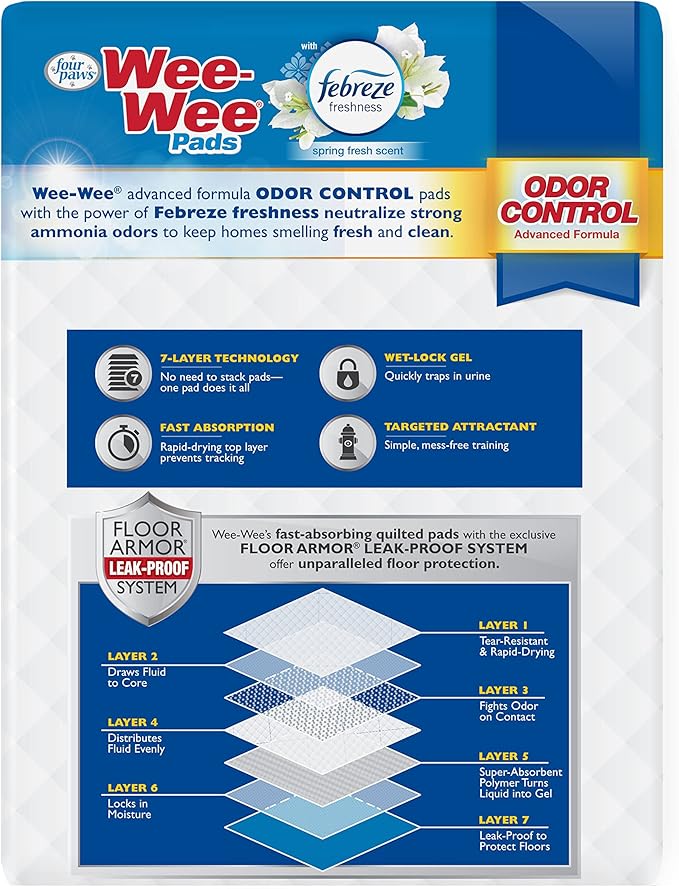 Four Paws Wee-Wee Odor Control with Febreze Freshness Pee Pads for Dogs & Puppies, Leak-Proof Dog Housebreaking Potty Training Floor Protection, Spring Fresh Scent, 22" x 23", 10 Count