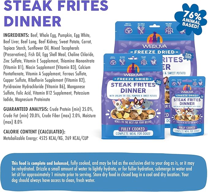 Weruva Dog Freeze Dried, Steak Frites Dinner with Sirloin Tip, Egg, Pumpkin & Sweet Potato, 5.5oz Bag