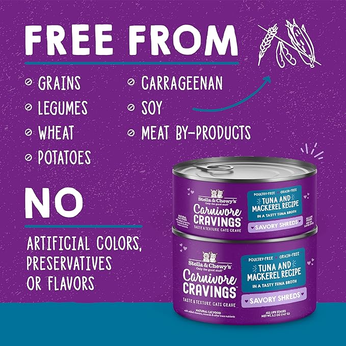 Stella & Chewy's Carnivore Cravings Savory Shreds - Wet Cat Food - High-Moisture Formula with Wild-Caught Tuna & Mackerel - Perfect for Picky Eaters - 2.8 oz, 12 Count
