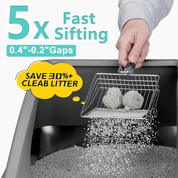 Stainless Steel Litter Box | XXL Deepened 8" Design Enclosed Box with Lid for Big Cats | High Sided, Anti-Urine Leakage | Non-Stick Bottom & Includes Litter Mat & Metal Scoop
