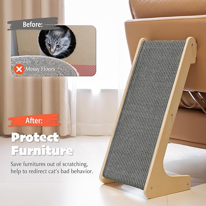 PETKARAY L Shape Cat Scratcher, Sisal Kitty Scratching Ramp, Vertical Scratch Pad for Indoor Cats, 25.2" Furniture Protector with Catnip, Grey