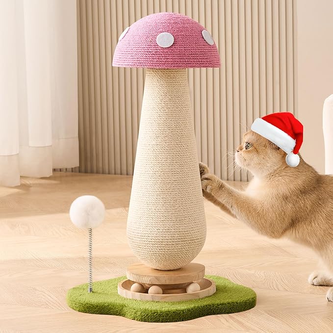Mushroom Cat Scratching Post Cat Tree, 21.5‘’ H Cute Cat Scratcher Tower with Durable Solid Wood Turntable Toy, Baby Pink Mushroom Scratch Post Cat Sisal Scratcher with Catnip for Indoor Adult Cats