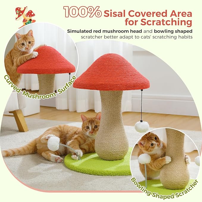 PETEPELA Mushroom Cat Scratching Post, Cat Scratcher Cute with 100% Sisal Covered Scratching Post & Pompoms Toy, Mushroom Cat Post for Indoor Cats