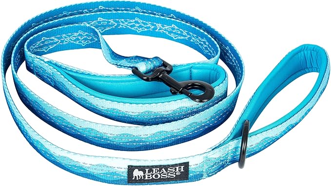 Leash Boss Double Handle 6Ft Reflective Dog Leash with Two Padded Handles for Large or Medium Dogs That Pull - Pattern Collection (Blue - Wave)