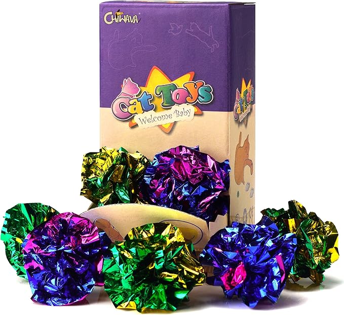 CHIWAVA 24PCS 1.6" Mylar Balls Shiny Crinkle Cat Toys Ball Kitten Crackle Lightweight Play Assorted Color