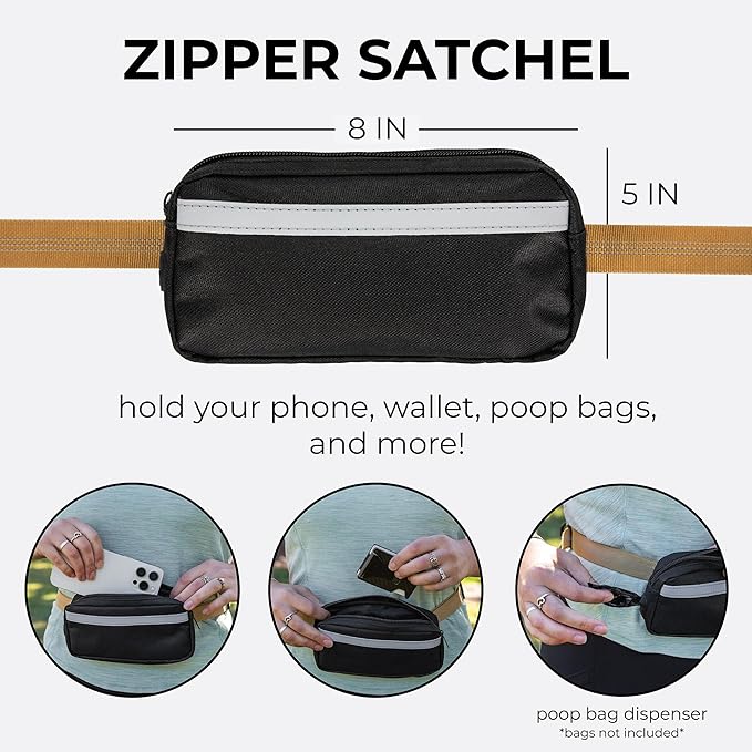 Squirrel Products Hands Free Dog Leash with Hip Belt/Crossbody Strap, Zipper Pouch, and Shock Absorbing Bungee for Walking or Jogging with pet (Tan, Orange)