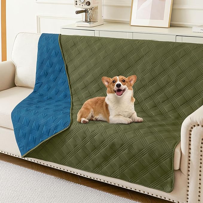 hyha Waterproof Dog Blanket, Reversible Pet Bed Blanket, Soft Sofa Couch Cover for Dogs Washable, Waterproof Pet Couch Covers for Sofa Puppy Cats Furniture Protector(68"x82", Green/Navy Blue)