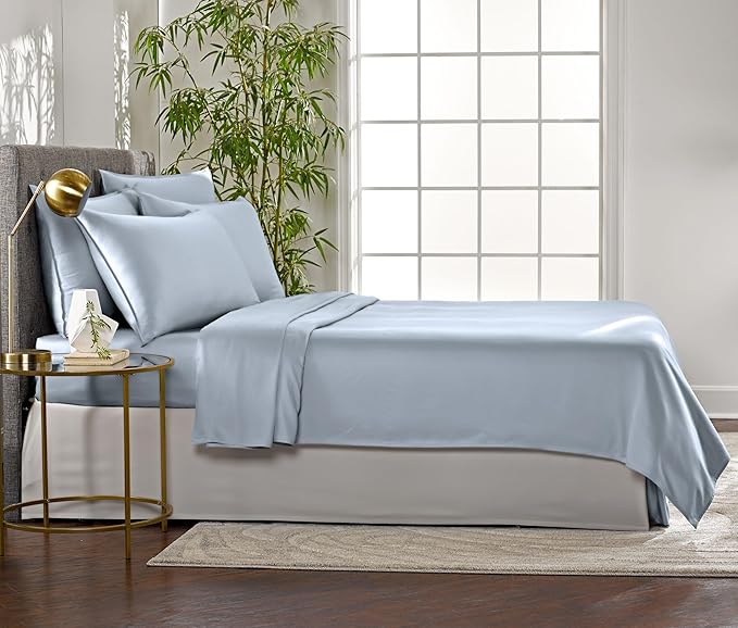 Pure Bamboo Queen Sheets, Genuine 100% Organic Viscose Derived from Bamboo Bed Sheet Set, Luxuriously Soft & Cooling, Double Stitching, 2 Year Quality Promise (Queen, Sterling Blue)