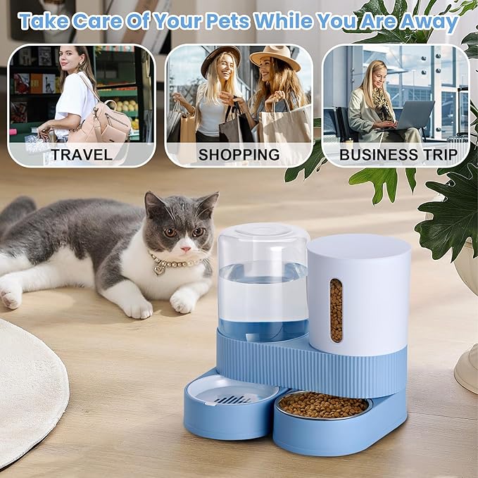 2 Pack Automatic Cat Feeder Stainless Steel Water Dispenser Gravity Food Feeder and Waterer Set with Pet Food Bowl for Small Medium Kitten Puppy Pets Large Capacity(Blue)