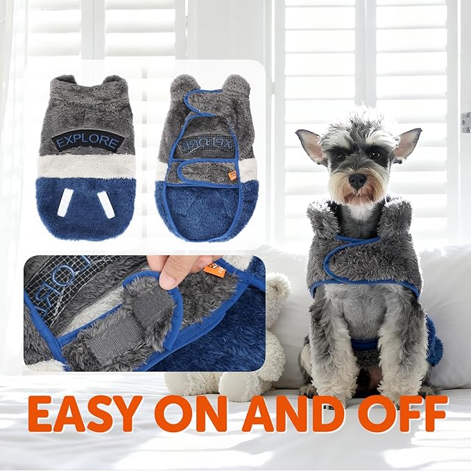FOFOS Dog Winter Coat, Plush Dog Jacket with Leash Hole, Adjustable Warm Pet Snow Vest for Small Medium Dogs, Gray, XL