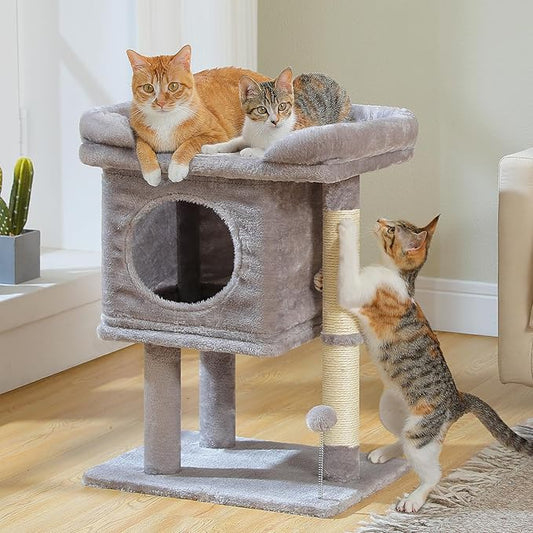 PAWZ Road Cat Tree for Indoor Cats, 26 Inches Cat Tower with Large Perch, Private Condo, Small Cat Condo with Spring Ball & 2 Scratching Posts for Cats-Gray