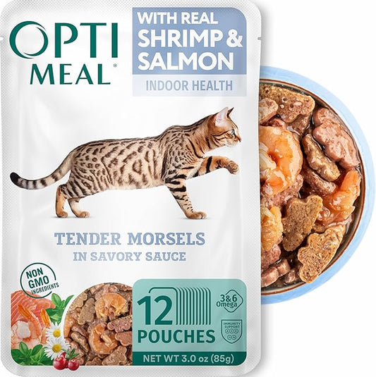Optimeal Grain-Free Wet Cat Food Pouches – Shrimp & Salmon in Savory Gravy, High Protein & Moisture-Rich Tender Morsels, Indoor Adult Cat Food Wet with Natural European Ingredients, 3 oz (Pack of 12)