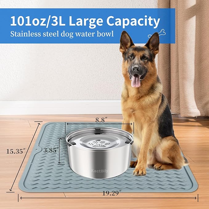 Kactoily 3L Large Capacity Stinless Steel Dog Water Bowl and Waterproof Silicone Dog Food Tray, Slow Down Drinking Pet Water Bowl