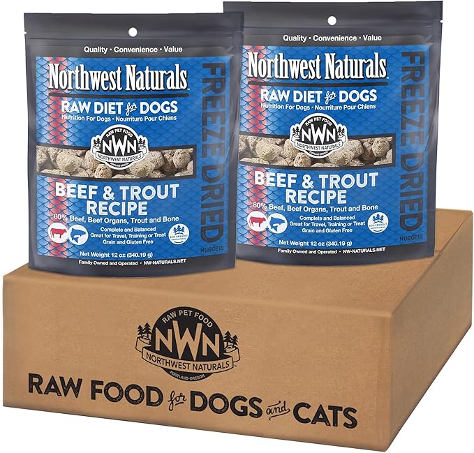 Northwest Naturals Freeze-Dried Beef & Trout Dog Food - Bite-Sized Nuggets - Grain-Free, High-Protein, Raw Diet, Human-Grade Ingredients, All Natural, Omega-3 for Skin & Coat - 12 Oz (Pack of 2)