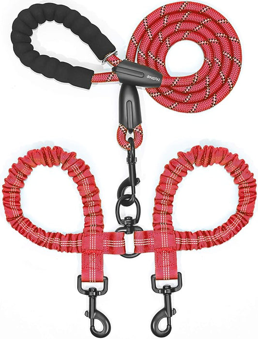 iYoShop Dual Dog Leash - 360° Swivel, No Tangle Walking Leash with Shock Absorbing Bungee for Two Dogs (Large, 25-150 lbs, Red)