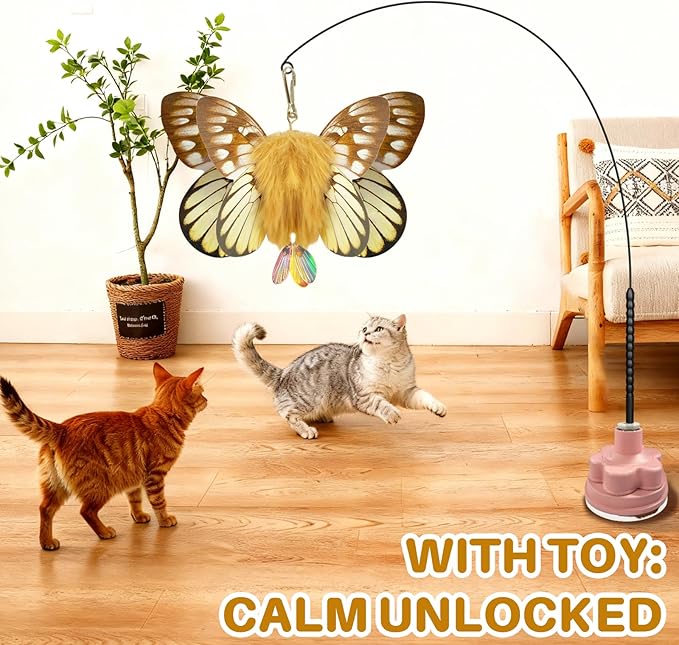 Walfront Interactive Cat Toy – Butterfly Teaser Wand with Pink Flower Suction Cup, Self-Play Toy for Kittens & Adult Indoor Cats, Durable Elastic Stick for Exercise & Boredom Relief