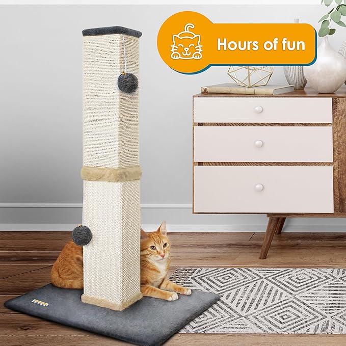 Pawbee 32" Cat Scratching Post Tower with Jingle Bells and Plush Balls, Sisal Tower with Larger Base for Better Stability, Beige