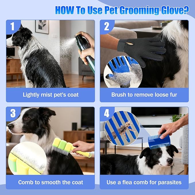 9 PCS Multifunctional Pet Grooming Brush Set for Dogs & Cats – Deshedding Gloves, Hair Removal Combs, Spray Bottle & Lice Flea Combs, Essential Bathing,Brushing & Shedding Tool Kit for Dog & Cat Care