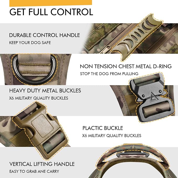 Tactical Dog Backpack Harness for Large Breed Original Design Metal Buckle Vest with Side Bags Pouches for Service Working Training (Camouflage (Vest only), M)