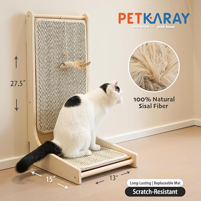 PETKARAY Cat Scratcher, Sisal Cat Scratch Pad, L Shape Scratching Board for Indoor Kitty, Floor Mounted Scratcher with Mouse Toy Catnip