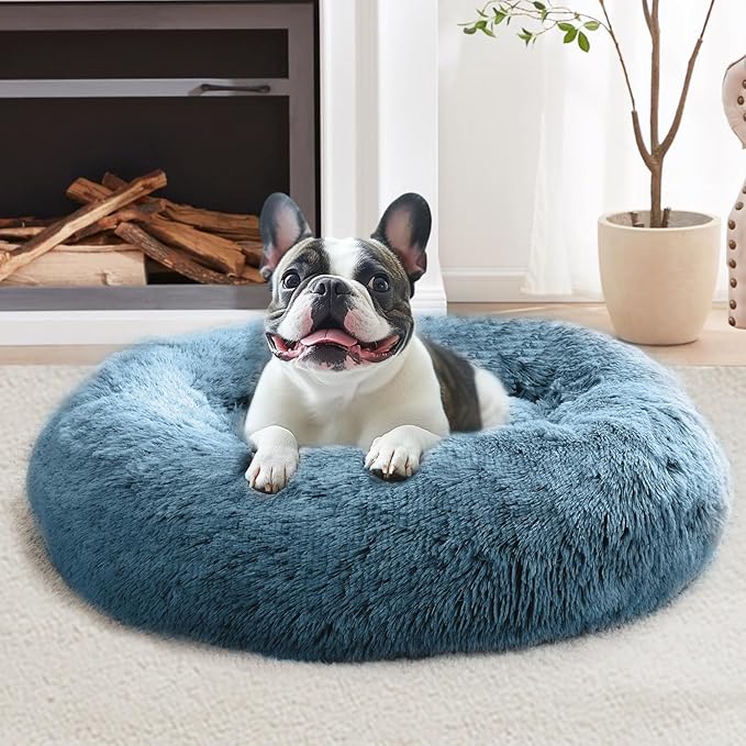 JOLLYVOGUE Calming Dog Bed Large Size Dog, Anti-Anxiety Donut Large Pet Bed, 36 inches Fluffy Faux Fur Round Cat Bed, Fits up to 75 lbs Pets (Blue)