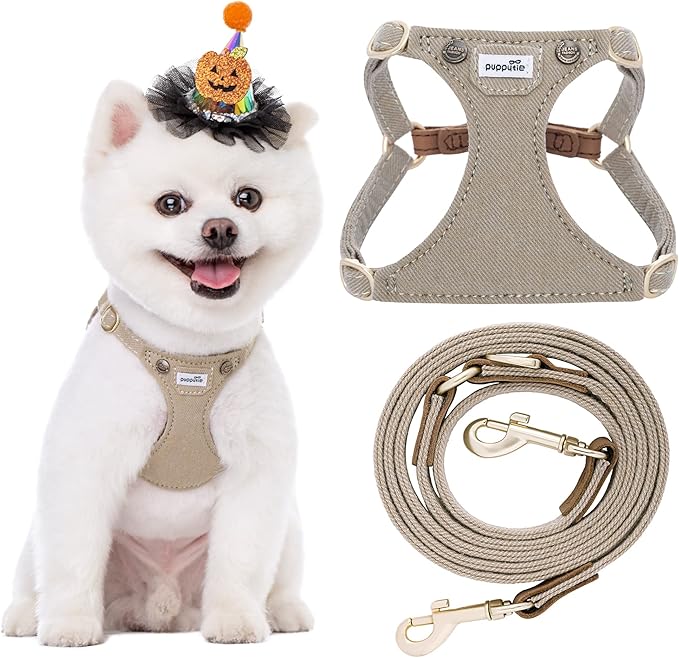 Puppytie No Pull xs Dog Harness with Multifunction Dog Leash,Soft Adjustable No Choke Escape Proof Pet Harness Vest,Denim Mocha Brown,XS