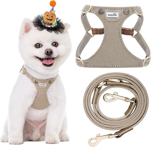 Puppytie No Pull xs Dog Harness with Multifunction Dog Leash,Soft Adjustable No Choke Escape Proof Pet Harness Vest,Denim Mocha Brown,XS