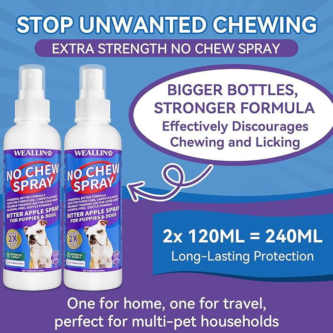 2 Pack No Chew Spray for Dogs, Bitter Apple Spray for Dogs Natural Training Aid for Dogs & Puppies, Stop from Chewing and Biting on Furniture, Shoes, Plants, Indoor & Outdoor Use, No Alcohol & Stain