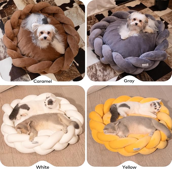 CHEERPALS Weave Cat Bed for Indoor Cats,Cute Pet Bed with Washable Cushion Fluffy Kitty Bed for Small Dog(Eggshell Yellow)