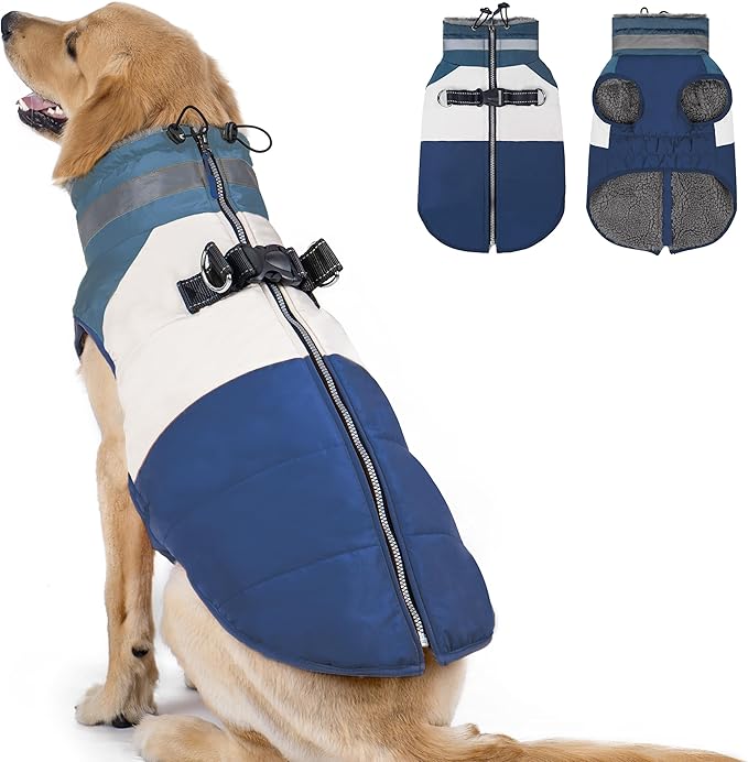 azuza Dog Coats for Large Dogs Waterproof Dog Coat with Reflective Strips and Harness Built in Warm Fleece Dogs Winter Coat Windproof with Back Zipper, Navy 3XL