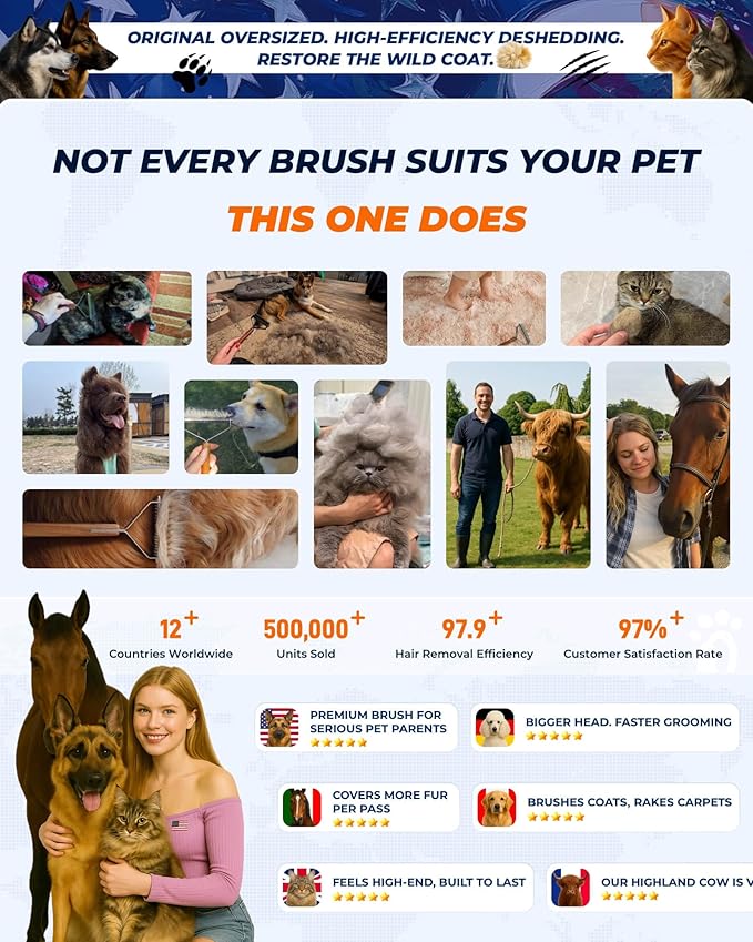 Extra Large 2-Sided Undercoat Rake for Dogs & Cats, Dog Brush for Shedding Remove Mats, Dematting Comb, Safe&Gentle Grooming Brush for German Shepherds Medium to Long-Haired Pets,Premium Wooden Handle