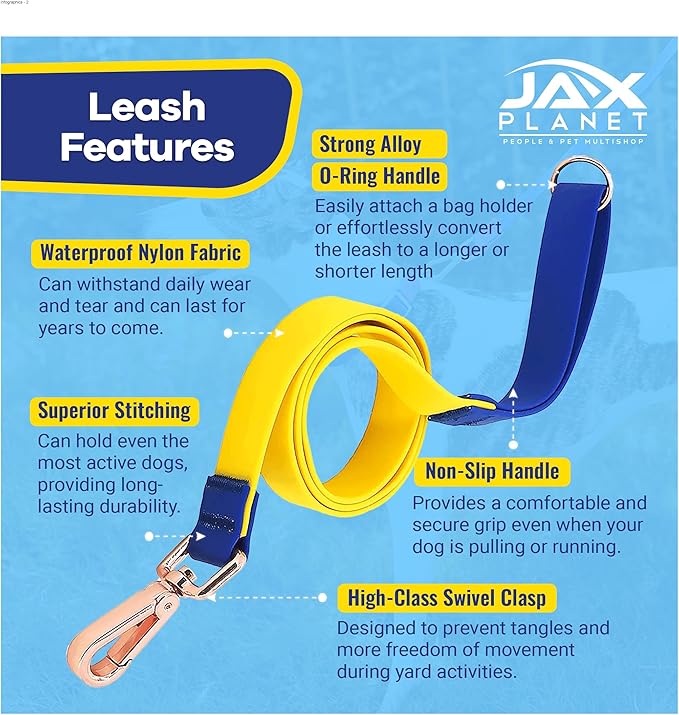 Jelly Colorful Dog Leash, Waterproof Training Leash for Walking, Hiking & Outdoor Activities, Non-Slip Grip, Anti-Odor Nylon Lead with Alloy O-Ring, Heavy Duty - M150, 5FT - Yellow & Blue