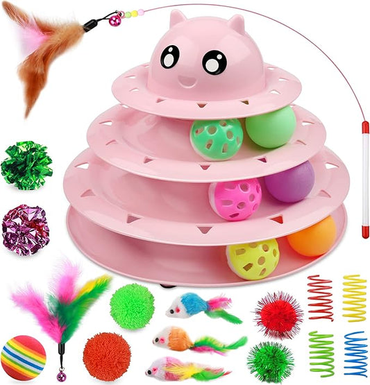 UPSKY 20 PCS Cat Roller 3-Level Turntable Set with Teaser, Mice, Spring and Balls Toys for Indoor Kittens