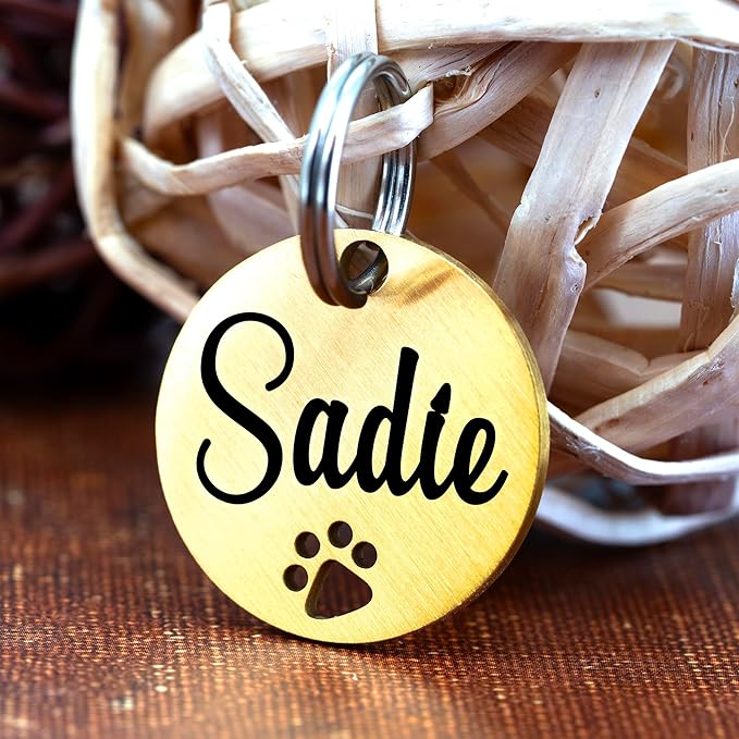 Ultra Joys Dog Tags Personalized for Pets - Hollow Paw Custom Pet ID Tag - Engraved Dog Tag for Small, Large Dogs - Small Round in Gold