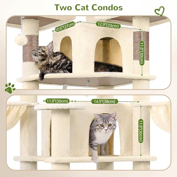 Globlazer Big Cat Tower for Indoor Cats, 80inch Cat Tower for Multiple Adult Cats XXL Cat Tree with Scratching Post, Hammock, 3 Perches, 2 Condos, 2 Hanging Basket, F80, Beige