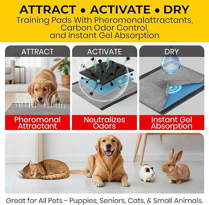 Glad for Pets JUMBO-SIZE Charcoal Puppy Pads, All-in-One | Black Training Pads That ABSORB & Neutralize Urine Instantly | New & Improved Quality Puppy Pee Pads, 30 Count - 6 Pack