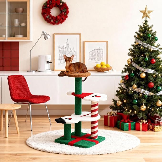 VETRESKA Christmas Cat Tree for Indoor Cats, 38.6" Multi Level Soft-Touch Cat Tower with Scratching Post, Large Scratching Post, Santa Claus, Reindeer and Snowman