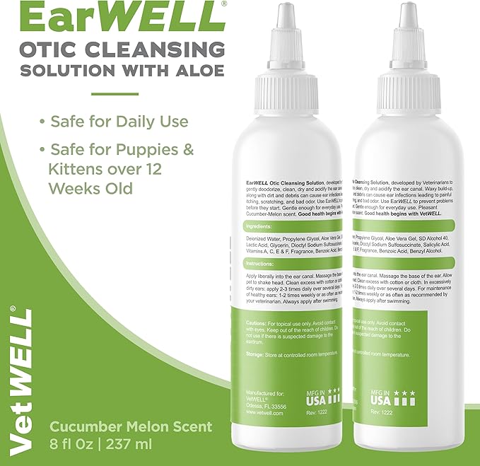 VetWELL Ear Cleaner for Dogs and Cats - Otic Rinse for Infections and Controlling Ear Infections and Odor in Pets - 8 oz (Cucumber Melon)