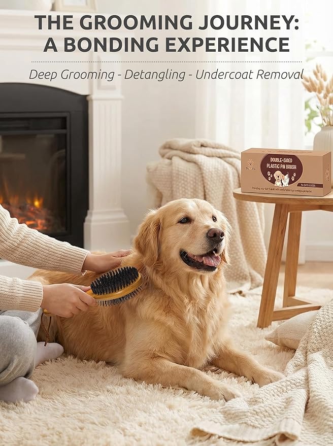 TAKAVU Pin & Bristle Pet Brush for Dogs & Cats - Double Sided Grooming Tool Detangles, Removes Loose Hair & Conditions Coat - Wood Handle