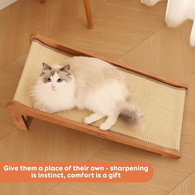 Sisal Cat Scratcher Ramp for Indoor Cats - Beechwood Base, 28.5" Natural Sisal Woven Cat Scratch Pad, Durable Cat Scratching Post, Furniture Protector for Cats' Clawing and Play
