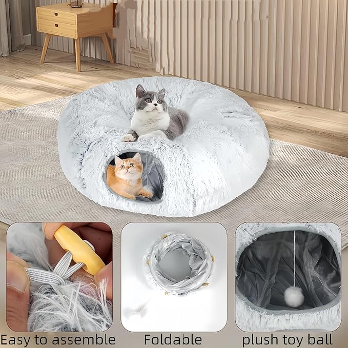 Cat Bed, Tunnel cat Bed, Foldable Furry cat Bed, Grey (33.46 inches), with Hanging Toys, Suitable for Multiple Cats Machine Washable